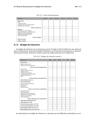6.1 Plan de ﬁnancement et budget de trésorerie 129 s s
TAB. 6.1 – Plan de ﬁnancement
Rubriques Début n Fin n Fin n+1 Fin n+2 Fin n+3 Fin n+4
Ressources
CAF
Cessions d’actifs
Augmentations des fonds propres
Endettement structurel
Totaux ressources
Emplois
Distributions de dividendes
Investissements en immobilisations
Réductions des fonds propres
Remboursements des dettes
Variations du BFR
Totaux emplois
Soldes annuels
Soldes cumulés
6.1.2 Budget de trésorerie
Le budget de trésorerie est un document annuel. Il s’agit en fait du détail sur une année du
plan de ﬁnancement. Il permet d’étudier l’étalement sur l’année des encaissements et décaisse-
ments prévisionnels. Il peut être établi à partir du modèle présenté sur le tableau 6.2.
TAB. 6.2 – Budget de trésorerie année n
Rubriques Janv. Fév. Mars . . . Déc. Totaux
Exploitation
Recettes clients TTC
Autres recettes d’exploitation
Totaux recettes d’exploitation
Achats TTC
Autres charges externes
Impôts et taxes
Charges de personnel
Autres dépenses d’exploitation
Charges ﬁnancières
TVA
Totaux dépenses d’exploitation
Solde Exploitation (A)
Hors Exploitation
Cessions d’immobilisations
Fonds propres
Emprunts
Autres recettes
Totaux recettes hors exploitation
Dividendes versés
Investissements
Réduction des fonds propres
Remboursement des emprunts
Impôt sur les sociétés
Autres dépenses
Totaux dépenses hors exploitation
Solde Hors Exploitation (B)
Solde global (C=A+B)
Variation ﬁnancement à C.T. (D)
Variation Disponibilités (E=C+D)
Disponibilités début de mois (F)
Disponibilités ﬁn de mois (G=F+E)
La présentation du budget de trésorerie ne présente pas de difﬁcultés particulières et cer-
 