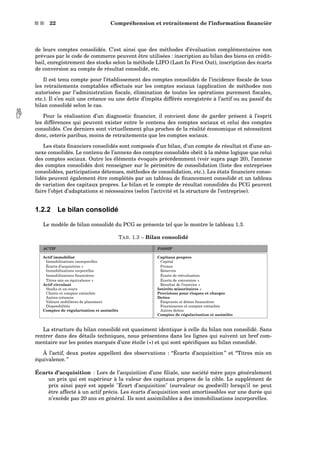 s s 22 Compréhension et retraitement de l’information ﬁnancièr
de leurs comptes consolidés. C’est ainsi que des méthodes d’évaluation complémentaires non
prévues par le code de commerce peuvent être utilisées : inscription au bilan des biens en crédit-
bail, enregistrement des stocks selon la méthode LIFO (Last In First Out), inscription des écarts
de conversion au compte de résultat consolidé, etc.
Il est tenu compte pour l’établissement des comptes consolidés de l’incidence ﬁscale de tous
les retraitements comptables effectués sur les comptes sociaux (application de méthodes non
autorisées par l’administration ﬁscale, élimination de toutes les opérations purement ﬁscales,
etc.). Il s’en suit une créance ou une dette d’impôts différés enregistrée à l’actif ou au passif du
bilan consolidé selon le cas.
Pour la réalisation d’un diagnostic ﬁnancier, il convient donc de garder présent à l’esprit les différences qui peuvent exister entre le contenu des comptes sociaux et celui des comptes
consolidés. Ces derniers sont virtuellement plus proches de la réalité économique et nécessitent
donc, ceteris paribus, moins de retraitements que les comptes sociaux.
Les états ﬁnanciers consolidés sont composés d’un bilan, d’un compte de résultat et d’une an-
nexe consolidés. Le contenu de l’annexe des comptes consolidés obéit à la même logique que celui
des comptes sociaux. Outre les éléments évoqués précédemment (voir supra page 20), l’annexe
des comptes consolidés doit renseigner sur le périmètre de consolidation (liste des entreprises
consolidées, participations détenues, méthodes de consolidation, etc.). Les états ﬁnanciers conso-
lidés peuvent également être complétés par un tableau de ﬁnancement consolidé et un tableau
de variation des capitaux propres. Le bilan et le compte de résultat consolidés du PCG peuvent
faire l’objet d’adaptations si nécessaires (selon l’activité et la structure de l’entreprise).
1.2.2 Le bilan consolidé
Le modèle de bilan consolidé du PCG se présente tel que le montre le tableau 1.3.
TAB. 1.3 – Bilan consolidé
ACTIF PASSIF
Actif immobilisé Capitaux propres
Immobilisations incorporelles Capital
Écarts d’acquisition Primes
Immobilisations corporelles Réserves
Immobilisations ﬁnancières Écarts de réévaluation
Titres mis en équivalence Écarts de conversion
Actif circulant Résultat de l’exercice
Stocks et en-cours Intérêts minoritaires
Clients et comptes rattachés Provisions pour risques et charges
Autres créances Dettes
Valeurs mobilières de placement Emprunts et dettes ﬁnancières
Disponibilités Fournisseurs et comptes rattachés
Comptes de régularisation et assimilés Autres dettes
Comptes de régularisation et assimilés
La structure du bilan consolidé est quasiment identique à celle du bilan non consolidé. Sans
rentrer dans des détails techniques, nous présentons dans les lignes qui suivent un bref com-
mentaire sur les postes marqués d’une étoile ( ) et qui sont spéciﬁques au bilan consolidé.
À l’actif, deux postes appellent des observations : “Écarts d’acquisition ” et “Titres mis en
équivalence. ”
Écarts d’acquisition : Lors de l’acquisition d’une ﬁliale, une société mère paye généralement
un prix qui est supérieur à la valeur des capitaux propres de la cible. Le supplément de
prix ainsi payé est appelé Écart d’acquisition (survaleur ou goodwill) lorsqu’il ne peut
être affecté à un actif précis. Les écarts d’acquisition sont amortissables sur une durée qui
n’excède pas 20 ans en général. Ils sont assimilables à des immobilisations incorporelles.
 