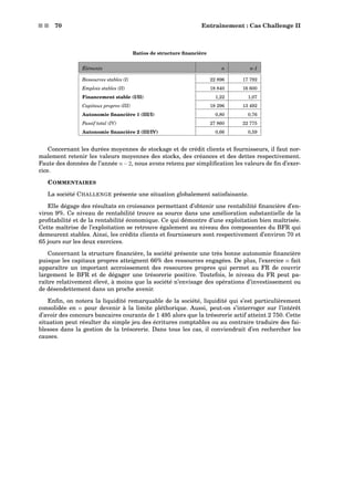 s s 70 Entraînement : Cas Challenge II
Ratios de structure ﬁnancière
Éléments n n-1
Ressources stables (I) 22 896 17 792
Emplois stables (II) 18 840 16 600
Financement stable (I/II) 1,22 1,07
Capitaux propres (III) 18 296 13 492
Autonomie ﬁnancière 1 (III/I) 0,80 0,76
Passif total (IV) 27 860 22 775
Autonomie ﬁnancière 2 (III/IV) 0,66 0,59
Concernant les durées moyennes de stockage et de crédit clients et fournisseurs, il faut nor-
malement retenir les valeurs moyennes des stocks, des créances et des dettes respectivement.
Faute des données de l’année n−2, nous avons retenu par simpliﬁcation les valeurs de ﬁn d’exer-
cice.
COMMENTAIRES
La société CHALLENGE présente une situation globalement satisfaisante.
Elle dégage des résultats en croissance permettant d’obtenir une rentabilité ﬁnancière d’en-
viron 9%. Ce niveau de rentabilité trouve sa source dans une amélioration substantielle de la
proﬁtabilité et de la rentabilité économique. Ce qui démontre d’une exploitation bien maîtrisée.
Cette maîtrise de l’exploitation se retrouve également au niveau des composantes du BFR qui
demeurent stables. Ainsi, les crédits clients et fournisseurs sont respectivement d’environ 70 et
65 jours sur les deux exercices.
Concernant la structure ﬁnancière, la société présente une très bonne autonomie ﬁnancière
puisque les capitaux propres atteignent 66% des ressources engagées. De plus, l’exercice n fait
apparaître un important accroissement des ressources propres qui permet au FR de couvrir
largement le BFR et de dégager une trésorerie positive. Toutefois, le niveau du FR peut pa-
raître relativement élevé, à moins que la société n’envisage des opérations d’investissement ou
de désendettement dans un proche avenir.
Enﬁn, on notera la liquidité remarquable de la société, liquidité qui s’est particulièrement
consolidée en n pour devenir à la limite pléthorique. Aussi, peut-on s’interroger sur l’intérêt
d’avoir des concours bancaires courants de 1 495 alors que la trésorerie actif atteint 2 750. Cette
situation peut résulter du simple jeu des écritures comptables ou au contraire traduire des fai-
blesses dans la gestion de la trésorerie. Dans tous les cas, il conviendrait d’en rechercher les
causes.
 