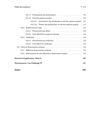 Table des matières 7 s s
6.2.1.1 Financement par fonds propres . . . . . . . . . . . . . . . . . . . . . 130
6.2.1.2 Coût des capitaux propres . . . . . . . . . . . . . . . . . . . . . . . . 130
6.2.1.2.1 Actualisation des dividendes et coût des capitaux propres 131
6.2.1.2.2 Théorie des portefeuilles et coût des capitaux propres . . . 131
6.2.2 Endettement à terme . . . . . . . . . . . . . . . . . . . . . . . . . . . . . . . . 132
6.2.2.1 Financement par dettes . . . . . . . . . . . . . . . . . . . . . . . . . 132
6.2.2.2 Coût effectif d’un emprunt classique . . . . . . . . . . . . . . . . . . 132
6.2.3 Crédit-bail . . . . . . . . . . . . . . . . . . . . . . . . . . . . . . . . . . . . . . 132
6.2.3.1 Financement par crédit-bail . . . . . . . . . . . . . . . . . . . . . . . 132
6.2.3.2 Coût effectif du crédit-bail . . . . . . . . . . . . . . . . . . . . . . . . 132
6.3 Choix de ﬁnancements cycliques . . . . . . . . . . . . . . . . . . . . . . . . . . . . . 133
6.3.1 Différents ﬁnancements cycliques . . . . . . . . . . . . . . . . . . . . . . . . 133
6.3.2 Déterminants du coût effectif d’un ﬁnancement cyclique . . . . . . . . . . . 133
Exercices d’application : Série 6 135
Entraînement : Cas Challenge VI 141
Index 150
 