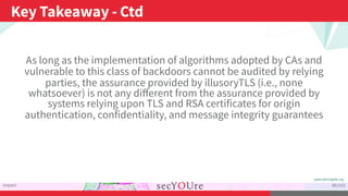 ...
Key Takeaway - Ctd
.
Impact
.
80/103
As long as the implementation of algorithms adopted by CAs and
vulnerable to this...