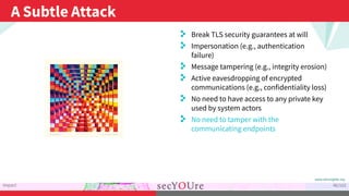 ...
A Subtle Attack
.
Impact
.
46/103
..
. Break TLS security guarantees at will
. Impersonation (e.g., authentication
fai...