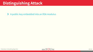 ..
Distinguishing Attack
.
A Backdoor Embedding Algorithm
.
89/103
. A public-key embedded into an RSA modulus
 