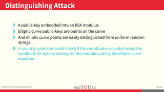 ..
Distinguishing Attack
.
A Backdoor Embedding Algorithm
.
89/103
. A public-key embedded into an RSA modulus
. Elliptic ...