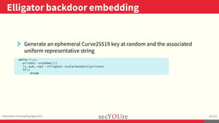 ..
Elligator backdoor embedding
.
A Backdoor Embedding Algorithm
.
96/103
. Generate an ephemeral Curve25519 key at random...