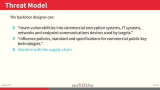 ..
Threat Model
.
illusoryTLS
.
31/103
The backdoor designer can:
. “Insert vulnerabilities into commercial encryption sys...