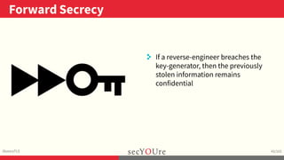 ..
Forward Secrecy
.
illusoryTLS
.
43/103
..
. If a reverse-engineer breaches the
key-generator, then the previously
stole...