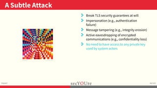 ..
A Subtle Attack
.
Impact
.
46/103
..
. Break TLS security guarantees at will
. Impersonation (e.g., authentication
fail...