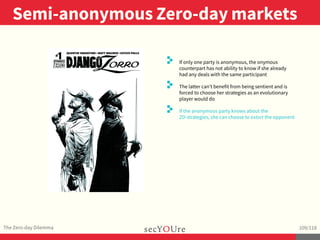 ..
Semi-anonymous Zero-day markets
.
The Zero-day Dilemma
.
109/118
..
. If only one party is anonymous, the onymous
count...