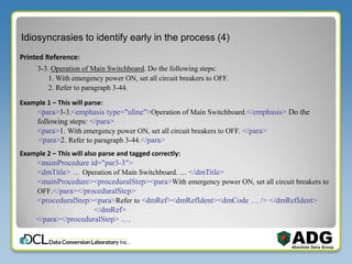 Idiosyncrasies to identify early in the process (4)
Printed Reference:
3-3. Operation of Main Switchboard. Do the following steps:
1. With emergency power ON, set all circuit breakers to OFF.
2. Refer to paragraph 3-44.
Example 1 – This will parse:
<para>3-3.<emphasis type="uline">Operation of Main Switchboard.</emphasis> Do the
following steps: </para>
<para>1. With emergency power ON, set all circuit breakers to OFF. </para>
<para>2. Refer to paragraph 3-44.</para>
Example 2 – This will also parse and tagged correctly:
<mainProcedure id="par3-3">
<dmTitle> … Operation of Main Switchboard. … </dmTitle>
<mainProcedure><proceduralStep><para>With emergency power ON, set all circuit breakers to
OFF.</para></proceduralStep>
<proceduralStep><para>Refer to <dmRef><dmRefIdent><dmCode … /> </dmRefIdent>
</dmRef>
</para></proceduralStep> ….
 