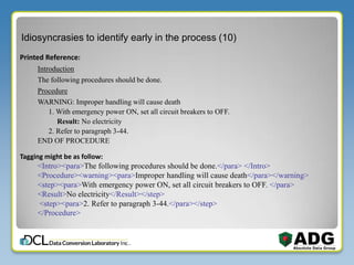 Idiosyncrasies to identify early in the process (10)
Printed Reference:
Introduction
The following procedures should be done.
Procedure
WARNING: Improper handling will cause death
1. With emergency power ON, set all circuit breakers to OFF.
Result: No electricity
2. Refer to paragraph 3-44.
END OF PROCEDURE
Tagging might be as follow:
<Intro><para>The following procedures should be done.</para> </Intro>
<Procedure><warning><para>Improper handling will cause death</para></warning>
<step><para>With emergency power ON, set all circuit breakers to OFF. </para>
<Result>No electricity</Result></step>
<step><para>2. Refer to paragraph 3-44.</para></step>
</Procedure>
 