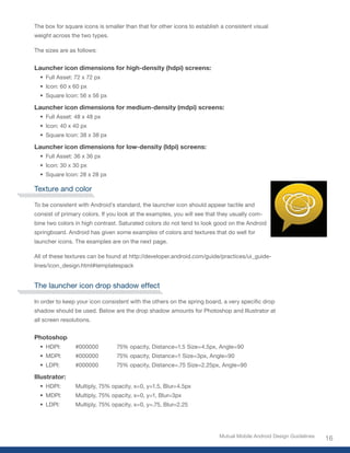 The box for square icons is smaller than that for other icons to establish a consistent visual
weight across the two types.

The sizes are as follows:


Launcher icon dimensions for high-density (hdpi) screens:
  •	 Full Asset: 72 x 72 px
  •	 Icon: 60 x 60 px
  •	 Square Icon: 56 x 56 px

Launcher icon dimensions for medium-density (mdpi) screens:
  •	 Full Asset: 48 x 48 px
  •	 Icon: 40 x 40 px
  •	 Square Icon: 38 x 38 px

Launcher icon dimensions for low-density (ldpi) screens:
  •	 Full Asset: 36 x 36 px
  •	 Icon: 30 x 30 px
  •	 Square Icon: 28 x 28 px

Texture and color

To be consistent with Android’s standard, the launcher icon should appear tactile and
consist of primary colors. If you look at the examples, you will see that they usually com-
bine two colors in high contrast. Saturated colors do not tend to look good on the Android
springboard. Android has given some examples of colors and textures that do well for
launcher icons. The examples are on the next page.

All of these textures can be found at http://developer.android.com/guide/practices/ui_guide-
lines/icon_design.html#templatespack


The launcher icon drop shadow effect

In	order	to	keep	your	icon	consistent	with	the	others	on	the	spring	board,	a	very	specific	drop	
shadow should be used. Below are the drop shadow amounts for Photoshop and Illustrator at
all screen resolutions.


Photoshop
  •	 HDPI:	     #000000	         75%	opacity,	Distance=1.5	Size=4.5px,	Angle=90
  •	 MDPI:	     #000000	         75%	opacity,	Distance=1	Size=3px,	Angle=90
  •	 LDPI:	     #000000	         75%	opacity,	Distance=.75	Size=2.25px,	Angle=90

Illustrator:
  •	 HDPI:	     Multiply,	75%	opacity,	x=0,	y=1.5,	Blur=4.5px
  •	 MDPI:	     Multiply,	75%	opacity,	x=0,	y=1,	Blur=3px
  •	 LDPI:	     Multiply,	75%	opacity,	x=0,	y=.75,	Blur=2.25




                                                                          Mutual Mobile Android Design Guidelines
                                                                                                                    16
 