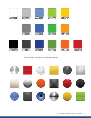 Android Supplied Examples of good colors and textures




                                                   Mutual Mobile Android Design Guidelines
                                                                                             17
 