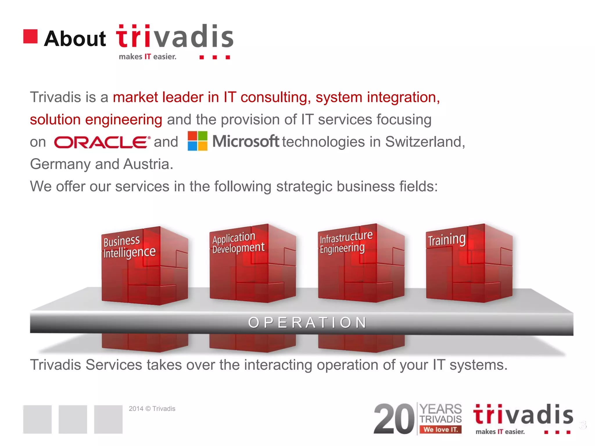 2014 © Trivadis Trivadis is a market leader in IT consulting, system integration, solution engineering and the provision of IT services focusing on and technologies in Switzerland, Germany and Austria. We offer our services in the following strategic business fields: Trivadis Services takes over the interacting operation of your IT systems. O P E R A T I O N About 