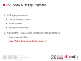 2014 © Trivadis 
SQL Apply & Rolling Upgrades 
1.SQL Apply enhanced: 
Text, Multimedia, Spatial 
Virtual columns 
Securefiles with dedup. 
2.New DBMS_ROLLING is simplifying rolling upgrades 
Easy syntax and flow 
Needs Active Data Guard Option (again ) 
02.10.2014 
Oracle Active Data Guard 12c  