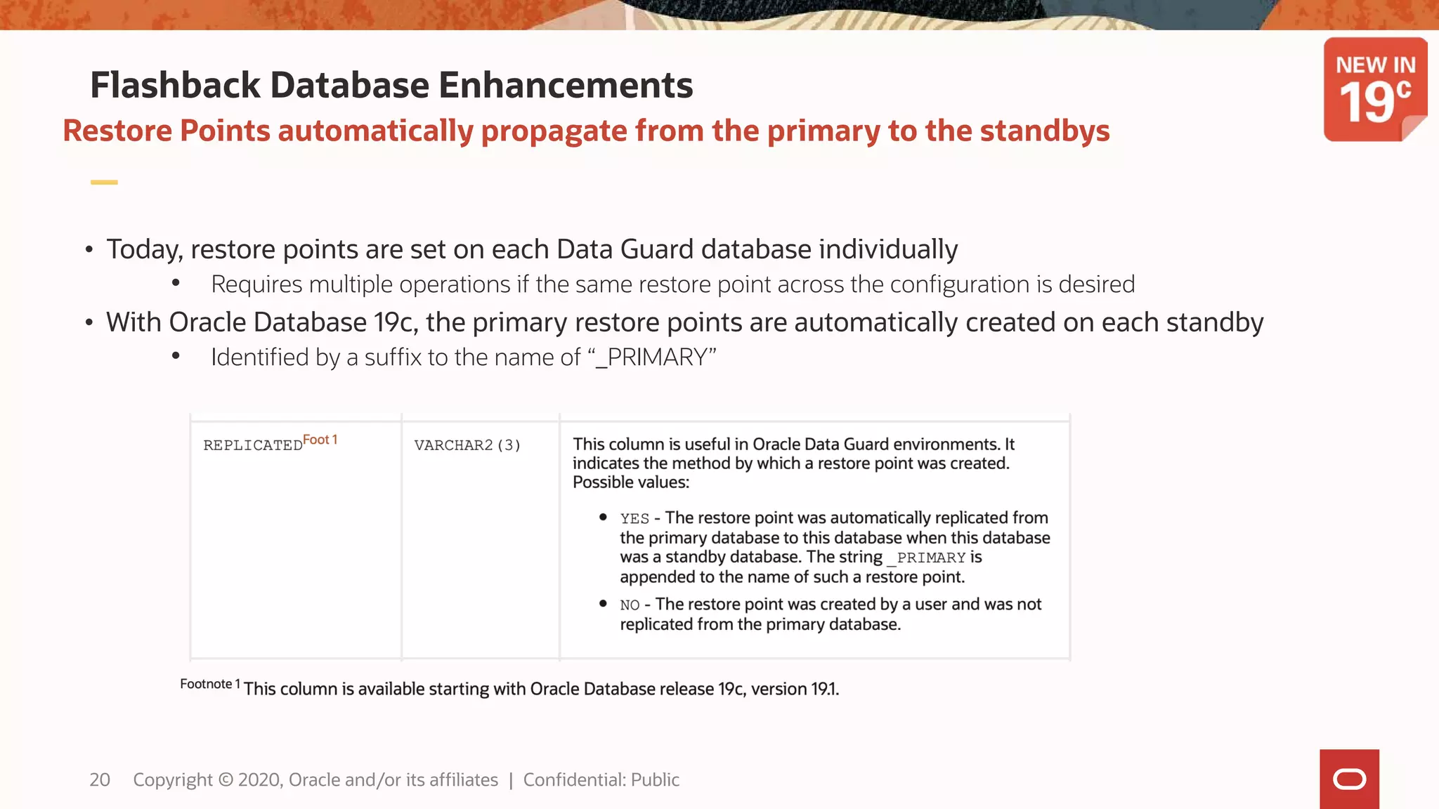 Flashback Database Enhancements
• Today, restore points are set on each Data Guard database individually
• Requires multiple operations if the same restore point across the configuration is desired
• With Oracle Database 19c, the primary restore points are automatically created on each standby
• Identified by a suffix to the name of “_PRIMARY”
Restore Points automatically propagate from the primary to the standbys
20 Copyright © 2020, Oracle and/or its affiliates | Confidential: Public
 