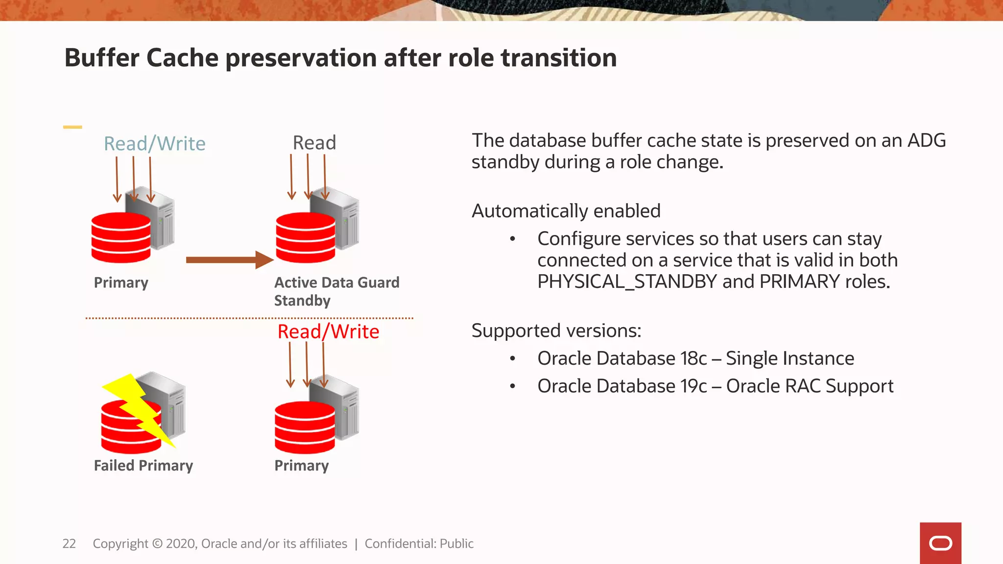 Buffer Cache preservation after role transition
The database buffer cache state is preserved on an ADG
standby during a role change.
Automatically enabled
• Configure services so that users can stay
connected on a service that is valid in both
PHYSICAL_STANDBY and PRIMARY roles.
Supported versions:
• Oracle Database 18c – Single Instance
• Oracle Database 19c – Oracle RAC Support
Read/Write Read
Read/Write
Active Data Guard
Standby
PrimaryFailed Primary
Primary
22 Copyright © 2020, Oracle and/or its affiliates | Confidential: Public
 