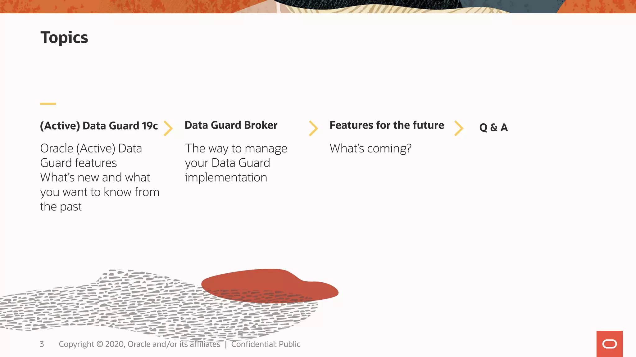 Topics
(Active) Data Guard 19c
Oracle (Active) Data
Guard features
What’s new and what
you want to know from
the past
Data Guard Broker
The way to manage
your Data Guard
implementation
Features for the future
What’s coming?
Q & A
3 Copyright © 2020, Oracle and/or its affiliates | Confidential: Public
 
