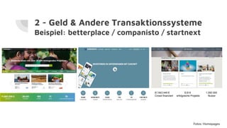 2 - Geld & Andere Transaktionssysteme
Beispiel: betterplace / companisto / startnext
61.643.449 € 6.814 1.050.000
Crowd finanziert erfolgreiche Projekte Nutzer
Fotos: Homepages
 