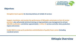 Ethiopia Overview
Objectives
Strengthen local capacity for doorstep delivery of reliable AI services
Support, incentivize, and monitor the performance of 500 public and private on-farm AI service
providers who will provide technical training on improved dairy cow management to at least
140,500 smallholders and deliver approximately 1 million AI services and other dairy production
inputs and services
Enable NAIC to ramp up its production and distribution of quality frozen semen (including
crossbred semen)
 