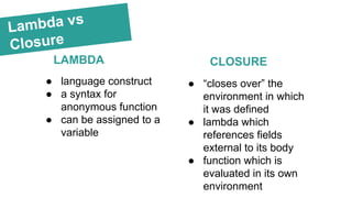 Lambda vs
Closure
LAMBDA CLOSURE
● language construct
● a syntax for
anonymous function
● can be assigned to a
variable
● “closes over” the
environment in which
it was defined
● lambda which
references fields
external to its body
● function which is
evaluated in its own
environment
 