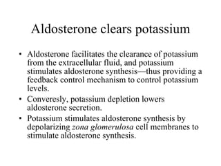 Aldosterone clears potassium Aldosterone facilitates the clearance of potassium from the extracellular fluid, and potassium stimulates aldosterone synthesis—thus providing a feedback control mechanism to control potassium levels.  Converesly, potassium depletion lowers aldosterone secretion.  Potassium stimulates aldosterone synthesis by depolarizing  zona glomerulosa  cell membranes to stimulate aldosterone synthesis.  