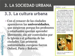 3. LA SOCIEDAD URBANA
3.3. La cultura urbana
• Con el renacer de las ciudades
aparecieron las universidades,
que surgieron porque los profesores
y estudiantes querían aprender
libremente, sin ser controlados por
la Iglesia o el gobierno de las
ciudades. Las primeras
universidades europeas fueron
Oxford, París y Bolonia.

 