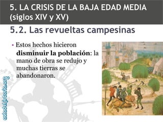 5. LA CRISIS DE LA BAJA EDAD MEDIA
(siglos XIV y XV)

5.2. Las revueltas campesinas
• Estos hechos hicieron
disminuir la población: la
mano de obra se redujo y
muchas tierras se
abandonaron.

 