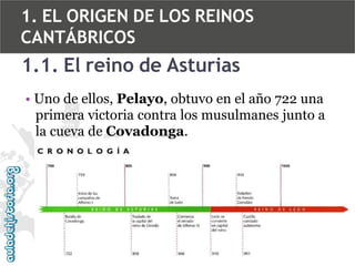 1. EL ORIGEN DE LOS REINOS
CANTÁBRICOS

1.1. El reino de Asturias
• Uno de ellos, Pelayo, obtuvo en el año 722 una
primera victoria contra los musulmanes junto a
la cueva de Covadonga.

 