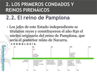 2. LOS PRIMEROS CONDADOS Y
REINOS PIRENÁICOS

2.2. El reino de Pamplona
• Los jefes de este Estado independiente se
titularon reyes y constituyeron el año 830 el
núcleo originario del reino de Pamplona, que
sería el posterior reino de Navarra.

 