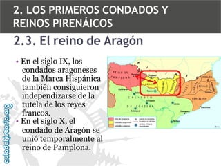 2. LOS PRIMEROS CONDADOS Y
REINOS PIRENÁICOS

2.3. El reino de Aragón
• En el siglo IX, los
condados aragoneses
de la Marca Hispánica
también consiguieron
independizarse de la
tutela de los reyes
francos.
• En el siglo X, el
condado de Aragón se
unió temporalmente al
reino de Pamplona.

 