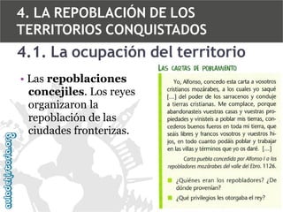 4. LA REPOBLACIÓN DE LOS
TERRITORIOS CONQUISTADOS

4.1. La ocupación del territorio
• Las repoblaciones
concejiles. Los reyes
organizaron la
repoblación de las
ciudades fronterizas.

 