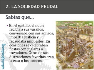 2. LA SOCIEDAD FEUDAL

Sabías que…
• En el castillo, el noble
recibía a sus vasallos,
conversaba con sus amigos,
impartía justicia y
recaudaba impuestos. En
ocasiones se celebraban
fiestas con juglares o
trovadores. Otras de sus
distracciones favoritas eran
la caza o los torneos.

 