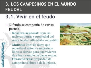3. LOS CAMPESINOS EN EL MUNDO
FEUDAL

3.1. Vivir en el feudo
• El feudo se componía de varias
partes:
▫ Reserva señorial: eran las
mejores tierras y propiedad del
señor feudal. Allí estaba su castillo.
▫ Mansos: lotes de tierra que
repartía el señor a campesinos
libres o siervos para que vivieran
de ellas a cambio de pagar rentas.
▫ Otras tierras: propiedad de
campesinos libres o de la Iglesia.

 