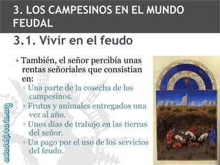 3. LOS CAMPESINOS EN EL MUNDO
FEUDAL

3.1. Vivir en el feudo
• También, el señor percibía unas
rentas señoriales que consistían
en:

▫ Una parte de la cosecha de los
campesinos.
▫ Frutos y animales entregados una
vez al año.
▫ Unos días de trabajo en las tierras
del señor.
▫ Un pago por el uso de los servicios
del feudo.

 
