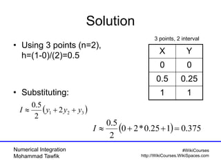 Numerical Integration
Mohammad Tawfik
#WikiCourses
http://WikiCourses.WikiSpaces.com
Solution
• Using 3 points (n=2),
h=(1-0)/(2)=0.5
• Substituting:
 321 2
2
5.0
yyyI 
  375.0125.0*20
2
5.0
I
YX
00
0.250.5
11
3 points, 2 interval
 