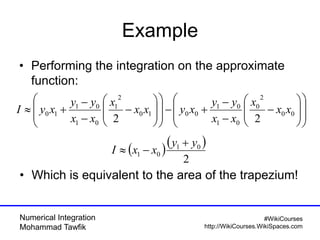 Numerical Integration
Mohammad Tawfik
#WikiCourses
http://WikiCourses.WikiSpaces.com
Example
• Performing the integration on the approximate
function:







































 00
2
0
01
01
0010
2
1
01
01
10
22
xx
x
xx
yy
xyxx
x
xx
yy
xyI
  
2
01
01
yy
xxI


• Which is equivalent to the area of the trapezium!
 