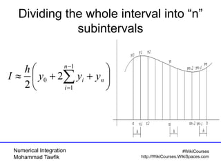 Numerical Integration
Mohammad Tawfik
#WikiCourses
http://WikiCourses.WikiSpaces.com
Dividing the whole interval into “n”
subintervals






 


n
n
i
i yyy
h
I
1
1
0 2
2
 