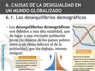 6. CAUSAS DE LA DESIGUALDAD EN
UN MUNDO GLOBALIZADO
6.1. Los desequilibrios demográficos
• Los desequilibrios demográficos
son debidos a una alta natalidad, que
da lugar a una creciente población
joven (la riqueza de los países pobres
crece a un ritmo inferior al de la
población), que sin trabajo, intenta
emigrar.

 