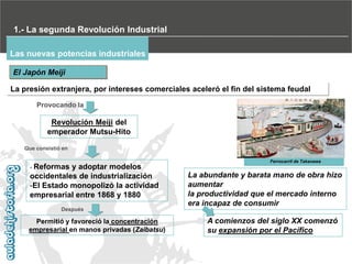 1.- La segunda Revolución Industrial
Las nuevas potencias industriales
El Japón Meiji
La presión extranjera, por intereses comerciales aceleró el fin del sistema feudal
Provocando la

Revolución Meiji del
emperador Mutsu-Hito
Que consistió en

- Reformas

y adoptar modelos
occidentales de industrialización
-El Estado monopolizó la actividad
empresarial entre 1868 y 1880
Después

Permitió y favoreció la concentración
empresarial en manos privadas (Zaibatsu)‫‏‬

Ferrocarril de Takanawa

La abundante y barata mano de obra hizo
aumentar
la productividad que el mercado interno
era incapaz de consumir
A comienzos del siglo XX comenzó
su expansión por el Pacífico

 