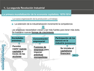 1.- La segunda Revolución Industrial
La primera mundialización de la economía capitalista, 1870-1914
La nueva organización de la producción y el trabajo

La extensión de la industrialización incrementó la competencia
Las

empresas necesitaban crecer y ser más fuertes para tener más éxito.
Se buscaron nuevas formas de crecimiento
Sociedades
anónimas
Permitió
captar nuevos
capitales a
través de las
acciones

Concentración
empresarial
Fusiones de
empresas para
imponer
prácticas
monopolistas

Participación de los
bancos en la
industria (préstamos)
Se iniciaba el
capitalismo
financiero
DOC. 11

 