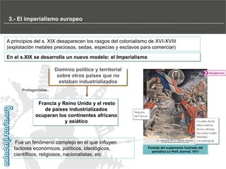 3.- El imperialismo europeo

A principios del s. XIX desaparecen los rasgos del colonialismo de XVI-XVIII
(explotación metales preciosos, sedas, especias y esclavos para comerciar)
En el s.XIX se desarrolla un nuevo modelo: el Imperialismo
Dominio político y territorial
sobre otros países que no
estaban industrializados

Ampliación

Protagonistas

Francia y Reino Unido y el resto
de países industrializados
ocuparan los continentes africano
y asiático

Fue un fenómeno complejo en el que influyen
factores económicos, políticos, ideológicos,
científicos, religiosos, nacionalistas, etc

Portada del suplemento ilustrado del
periódico Le Petit Journal, 1911

 