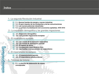Índice

1.- La segunda Revolución Industrial
1.1.- Nuevas fuentes de energía y nuevas industrias
1.2.- El gran impulso de los transportes y de las comunicaciones
1.3.- Las nuevas potencias industriales
1.4.- La primera mundialización de la economía capitalista, 1870-1914

2.- La expansión demográfica y las grandes migraciones
2.1.- Expansión demográfica
2.2.- Las grandes migraciones europeas

3.- El imperialismo europeo
3.1.- Las causas de la expansión imperialista
3.2.- Las formas de dominación colonial
3.3.- El reparto de África
3.4.- La expansión imperialista en Asia
3.5.- Las huellas o consecuencias del imperialismo

4.- El imperialismo no europeo
4.1.- El expansionismo japonés
4.2.- El imperialismo estadounidense

5.- Técnicas de historia
5.1.- La técnica de elaboración de mapas
conceptuales

 