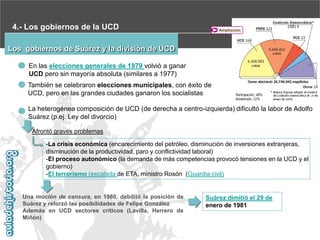 4.- Los gobiernos de la UCD

Ampliación

Los gobiernos de Suárez y la división de UCD
En las elecciones generales de 1979 volvió a ganar
UCD pero sin mayoría absoluta (similares a 1977)
También se celebraron elecciones municipales, con éxito de
UCD, pero en las grandes ciudades ganaron los socialistas
La heterogénea composición de UCD (de derecha a centro-izquierda) dificultó la labor de Adolfo
Suárez (p.ej. Ley del divorcio)
Afrontó graves problemas
-La crisis económica (encarecimiento del petróleo, disminución de inversiones extranjeras,
disminución de la productividad, paro y conflictividad laboral)
-El proceso autonómico (la demanda de más competencias provocó tensiones en la UCD y el
gobierno)
-El terrorismo (escalada de ETA, ministro Rosón (Guardia civil)

Una moción de censura, en 1980, debilitó la posición de
Suárez y reforzó las posibilidades de Felipe González
Además en UCD sectores críticos (Lavilla, Herrero de
Miñón)

Suárez dimitió el 29 de
enero de 1981

 