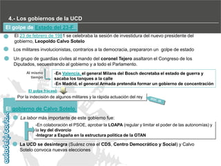 4.- Los gobiernos de la UCD
El golpe de Estado del 23-F
El 23 de febrero de 1981 se celebraba la sesión de investidura del nuevo presidente del
gobierno, Leopoldo Calvo Sotelo
Los militares involucionistas, contrarios a la democracia, prepararon un golpe de estado
Un grupo de guardias civiles al mando del coronel Tejero asaltaron el Congreso de los
Diputados, secuestrando al gobierno y a todo el Parlamento.
Al mismo
tiempo

-En Valencia, el general Milans del Bosch decretaba el estado de guerra y
sacaba los tanques a la calle
-En Madrid, el general Armada pretendía formar un gobierno de concentración

El golpe fracasó

Por la indecisión de algunos militares y la rápida actuación del rey

El gobierno de Calvo Sotelo
La labor más importante de este gobierno fue:
-En colaboración el PSOE, aprobar la LOAPA (regular y limitar el poder de las autonomías) y
la ley del divorcio
-Integrar a España en la estructura política de la OTAN

La UCD se desintegra (Suárez crea el CDS, Centro Democrático y Social) y Calvo
Sotelo convoca nuevas elecciones

 