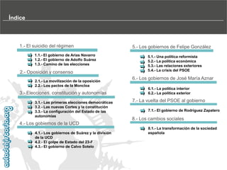 Índice

1.- El suicidio del régimen
1.1.- El gobierno de Arias Navarro
1.2.- El gobierno de Adolfo Suárez
1.3.- Camino de las elecciones

2.- Oposición y consenso
2.1.- La movilización de la oposición
2.2.- Los pactos de la Moncloa

3.- Elecciones, constitución y autonomías
3.1.- Las primeras elecciones democráticas
3.2.- Las nuevas Cortes y la constitución
3.3.- La configuración del Estado de las
autonomías

5.- Los gobiernos de Felipe González
5.1.- Una política reformista
5.2.- La política económica
5.3.- Las relaciones exteriores
5.4.- La crisis del PSOE

6.- Los gobiernos de José María Aznar
6.1.- La política interior
6.2.- La política exterior

7.- La vuelta del PSOE al gobierno
7.1.- El gobierno de Rodríguez Zapatero

8.- Los cambios sociales

4.- Los gobiernos de la UCD
4.1.- Los gobiernos de Suárez y la división
de la UCD
4.2.- El golpe de Estado del 23-F
4.3.- El gobierno de Calvo Sotelo

8.1.- La transformación de la sociedad
española

 