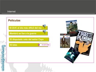 Internet

Películas
El 23-F, el dia más difícil del rey
Mambrú se fue a la guerra
El disputado voto del señor Cayo
El lobo

IR A ESTA WEB

 