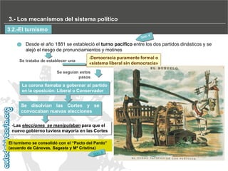 3.- Los mecanismos del sistema político
3.2.-El turnismo
Desde el año 1881 se estableció el turno pacífico entre los dos partidos dinásticos y se
alejó el riesgo de pronunciamientos y motines
Se trataba de establecer una

-Democracia puramente formal o
«sistema liberal sin democracia»

Se seguían estos
pasos

La corona llamaba a gobernar al partido
en la oposición: Liberal o Conservador

Se disolvían las Cortes y se
convocaban nuevas elecciones
-Las elecciones se manipulaban para que el
nuevo gobierno tuviera mayoría en las Cortes
El turnismo se consolidó con el “Pacto del Pardo”
(acuerdo de Cánovas, Sagasta y Mª Cristina)

 