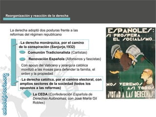 Reorganización y reacción de la derecha

La derecha adoptó dos posturas frente a las
reformas del régimen republicano
- La

derecha monárquica, por el camino
de la conspiración (Sanjurjo,1932)
Comunión Tradicionalista (Carlistas)
Renovación Española (Alfonsinos y fascistas)
Con apoyo del Vaticano y jerarquía católica
movilizó a las masas para defender la familia, el
orden y la propiedad
- La

derecha católica, por el camino electoral, con
amplios sectores de la sociedad (todos los
opuestos a las reformas)

La CEDA (Confederación Española de
Derechas Autónomas, con José María Gil
Robles)

 