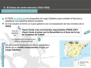4.- El bienio de centro-derecha (1933-1935)
La revolución de octubre de 1934

El PSOE se radicaliza con propuestas de Largo Caballero para combatir el fascismo y
establecer una república federal socialista
El 4 de octubre se formó un nuevo gobierno con la incorporación de tres ministros de la
CEDA
Con el
objetivo
de

-Hacer frente a los movimientos izquierdistas (PSOE-UGT)
-Hacer frente al pulso con la Generalitat en el tema de la Ley
de Contratos de Cultivo

La izquierda lo comparó con
Hitler y respondió con

Un movimiento revolucionario de los socialistas a
través de un comité revolucionario dirigido por
Largo Caballero

 